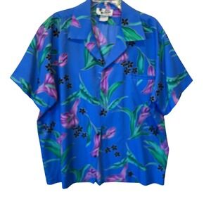 Hilo Hattie Mens Blue Tropical Floral Lily Hawaiian Camp Shirt Made in Hawaii XL